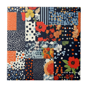 Oude marineblauwe koraal bloemige patchwork quilt tegeltje