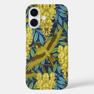 Oude marineblauwe vogel en gele bloemmotief iPhone 16 hoesje