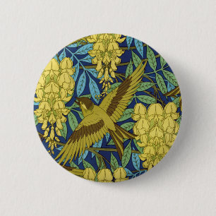 Oude marineblauwe vogel en gele bloemmotief ronde button 5,7 cm