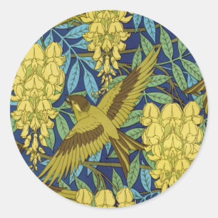 Oude marineblauwe vogel en gele bloemmotief ronde sticker