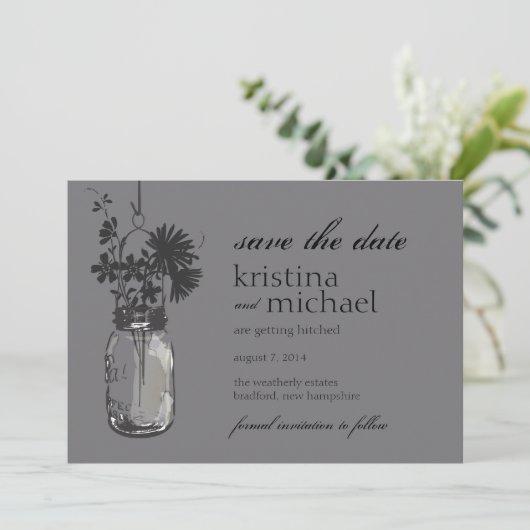 Oude Mason Pot & Wilde Bloemen Bewaar de Datum Save The Date (Staand voorkant)