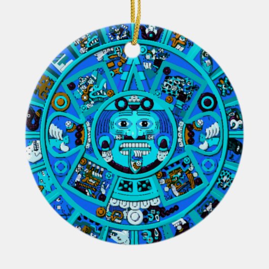 Oude Maya Azteekse symbool in blauw Keramisch Ornament (Voorkant)