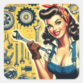 Oude mechanica pin-up vierkante sticker (Voorkant)