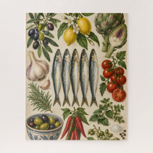 Oude mediterrane voedsel- en sardinekeukenposter legpuzzel