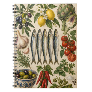 Oude mediterrane voedsel- en sardinekeukenposter notitieboek