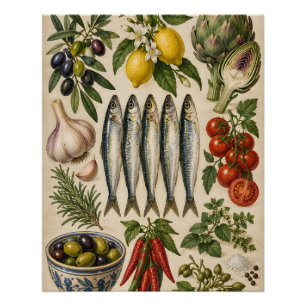Oude mediterrane voedsel- en sardinekeukenposter perfect poster