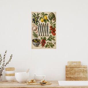 Oude mediterrane voedsel- en sardinekeukenposter poster