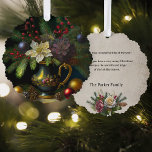 Oude meester schilderij stijl kerst stilleven ornament kaart<br><div class="desc">Deze mooie oude meester-geïnspireerde stilleven beschikt over kerst evergreens,  rood en goud glas bubbels en holly bessen in een prachtig geschilderde groene en gouden werpvaas op een donkere achtergrond. Achterzijde is voorzien van complementaire bloemengrafische en bewerkbare tekst op een artisanale sepia achtergrond.</div>