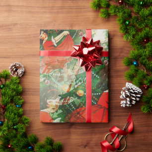 Oude meisje in rode jurk & kerstboom cadeaupapier