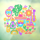 Oude Mexico Cinco de Mayo Nep Neon Licht Raamsticker (Vel 3)