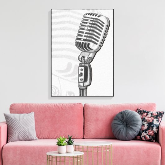 Oude microfoon in tekenfilm op houtskool canvas afdruk (Insitu (Woonkamer))