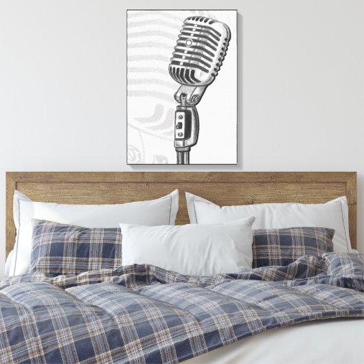 Oude microfoon in tekenfilm op houtskool canvas afdruk (Insitu (Slaapkamer))