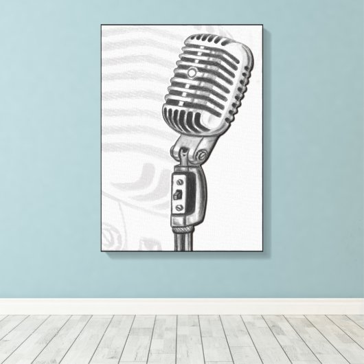 Oude microfoon in tekenfilm op houtskool canvas afdruk (Insitu (Houten vloer))