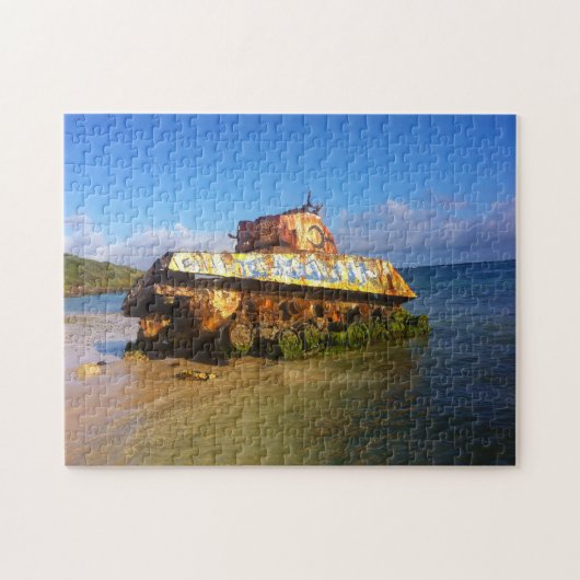 Oude militaire oorlogstank Puerto Rico. Legpuzzel (Horizontaal)