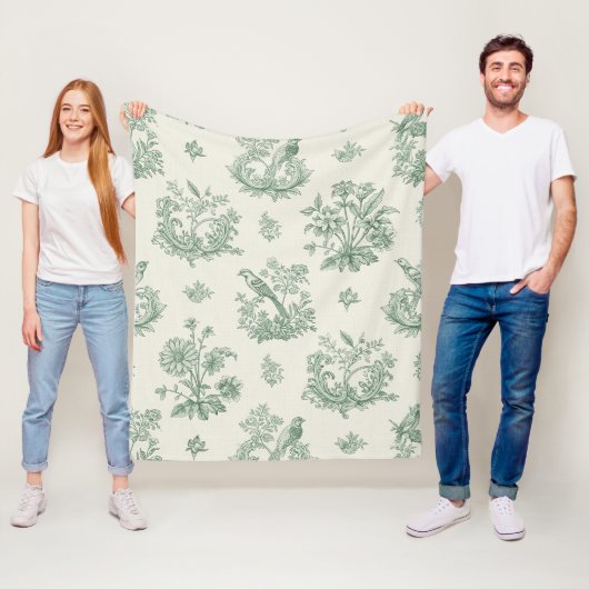 Oude mintgroene vogel toile bloempatroon fleece deken (In situ)