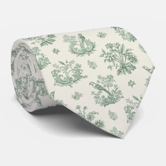 Oude mintgroene vogel toile bloempatroon stropdas (Opgerold)