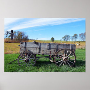 Oude Missouri boerenwagen in hooi veld Poster