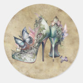 Oude Mode Hoge Hakken met Bloemvlinder Motief Ronde Sticker (Voorkant)