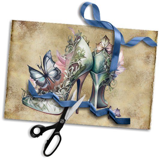 Oude Mode Hoge Hakken met Bloemvlinder Motief Tissuepapier