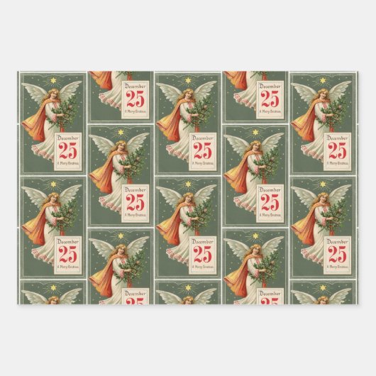 Oude Mode Kerst Briefkaarten Geboorte Engelen 3 Inpakpapier Vel (Voorkant 3)
