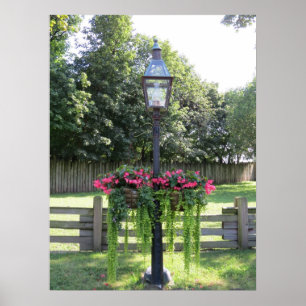 Oude modelamppost met hangende bloemen poster