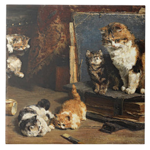 Oude moppige oranje zwarte & witte kat met kittens tegeltje