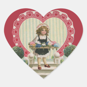 Oude moppige Valentijnsdag, Meisje met Bloemen Hart Sticker