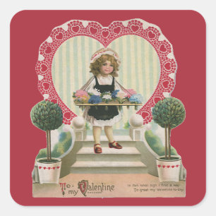 Oude moppige Valentijnsdag, Meisje met Bloemen Vierkante Sticker