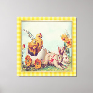 Oude mosterdgele paashaas en kuiken kunst canvas afdruk