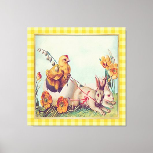 Oude mosterdgele paashaas en kuiken kunst canvas afdruk (Voorkant)