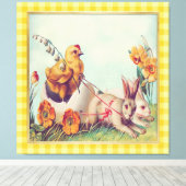 Oude mosterdgele paashaas en kuiken kunst canvas afdruk (Insitu (Houten vloer))