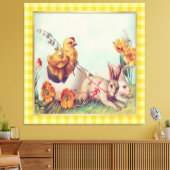 Oude mosterdgele paashaas en kuiken kunst canvas afdruk (Insitu (Woonkamer))