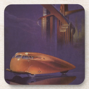 Oude Motor Magazine Cover, Futuristische Stadsauto Bier Onderzetter