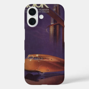Oude Motor Magazine Cover, Futuristische Stadsauto iPhone 16 Hoesje