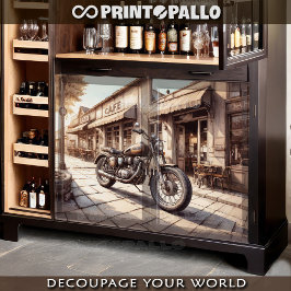 Oude  motorfiets geparkeerd bij een café tissuepapier