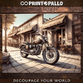 Oude motorfiets geparkeerd bij een café tissuepapier