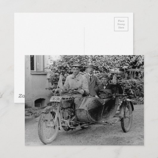 Oude motorfiets met zijspan  B&W-foto Briefkaart (Voorkant / Achterkant)