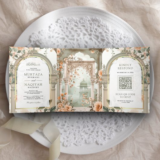 Oude Mughal-paleis All-in-One Moslim Bruiloft Drieluik Uitnodiging