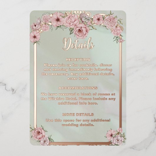 Oude Munt Peony Trouw Folie Bijlagekaart Folie Uitnodiging (Voorkant)