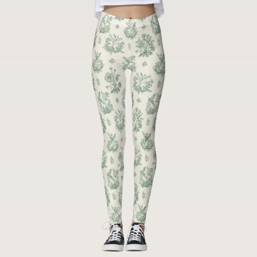 Oude Muntgroene Vogel Toile Bloemmotief Leggings (Voorkant)