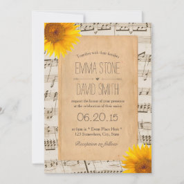  oude muziekplaat en zonnebloemen bruiloft kaart