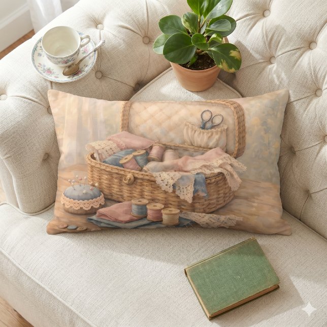 Oude Naaimandje Cottagecore Pastel Kussen (Vintage Sewing Basket Cottagecore Pastel Lumbar Pillow)