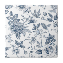 Oude Navy Blauwe Bloemige Toile-De-Jouy Patroon Tegeltje