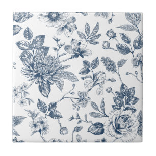 Oude Navy Blauwe Bloemige Toile-De-Jouy Patroon  Tegeltje