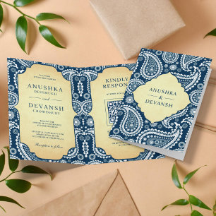 Oude Navy Blauwe Paisley Indiase QR Code Trouwkaar