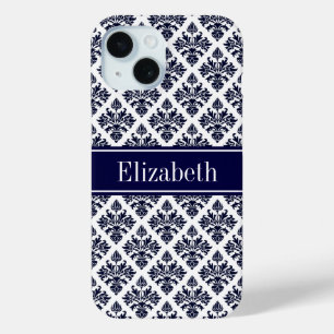 Oude Navy Blauwe Witte Damast #3 Navy Naam Monogra iPhone 15 Case