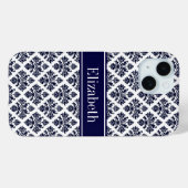 Oude Navy Blauwe Witte Damast #3 Navy Naam Monogra Case-Mate iPhone Case (Achterkant (horizontaal))