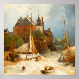 Oude Nederlandse Kuststad en Zeilschepen Poster