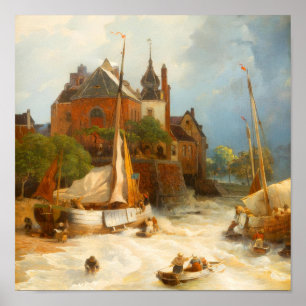 Oude Nederlandse Kuststad en Zeilschepen  Poster