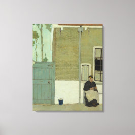 Oude Nederlandse Vrouw voor haar huis Canvas Afdruk